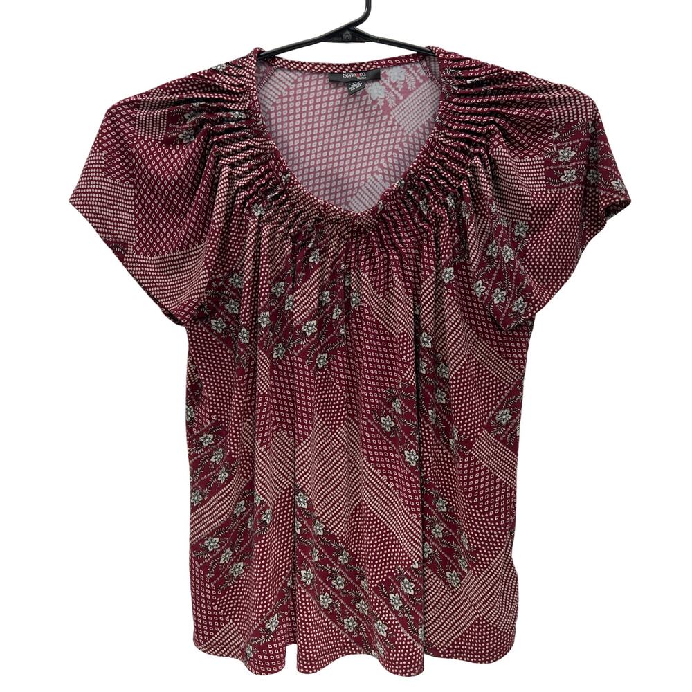 Style & Co Polyester Spandex Maroon Floral Short Sleeve Top Women 2X Shirt